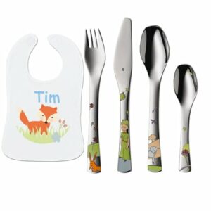 Schnullireich Geschenkset mit Namen WMF Kinderbesteck Kleiner Prinz + Lätzchen Fuchs Silber