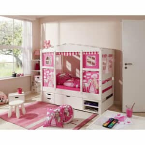 TiCAA Hausbett Mini mit 3 Schubladen Prinzessin Rosa