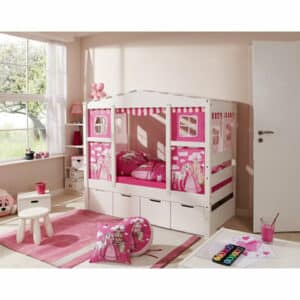 TiCAA Hausbett Mini mit 4 Schubladen Prinzessin Rosa