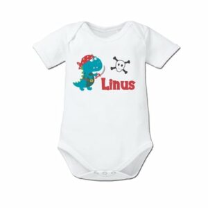 Schnullireich Baby Body (Kurzarm) mit Namen Piraten-Dino Weiß