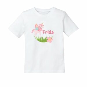 Schnullireich Kinder T-Shirt mit Namen (Kurzarm) Einhorn Weiß