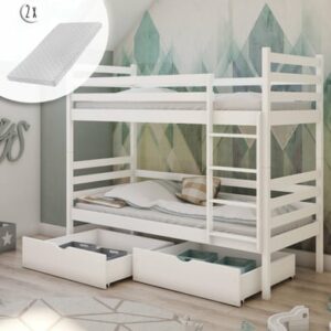 Kids Collective Hochbett 90x200 Etagenbett mit Rausfallschutz und Lattenrost weiß mit Schubl. und Matratze