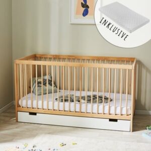 Kids Collective Babybett Gitterbett 60x120 / 70x140 höhenverstellbar & herausnehmbare Sprossen natur mit Schubl. und Matratze