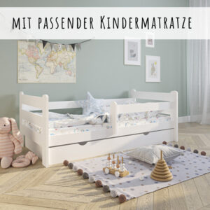 Kids Collective Kinderbett 80x160/80x180/90x200 cm mit Rausfallschutz / inkl. Lattenrost & Schublade weiß mit Matratze