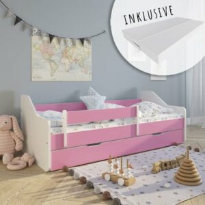 Kids Collective Kinderbett 80x160 / 80x180 cm mit Rausfallschutz & Lattenrost pink mit Schubl. und Matratze