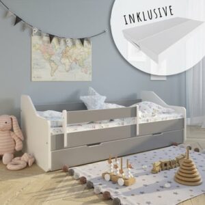 Kids Collective Kinderbett 80x160 / 80x180 cm mit Rausfallschutz & Lattenrost grau mit Schubl. und Matratze